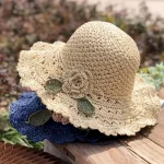 Women's Sun Hat Beige Crochet Flower Detail Wide Brim Beach Garden Party Elegant Accessory One Size Fits Most Spring Summer Apparel 2025 - Image 5