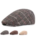 Men's Flat Cap Tweed Cap Brown Beige Cotton Streetwear Stylish 1920s Fashion Outdoor Daily Going out Stripe Warm 2025 - Image 2
