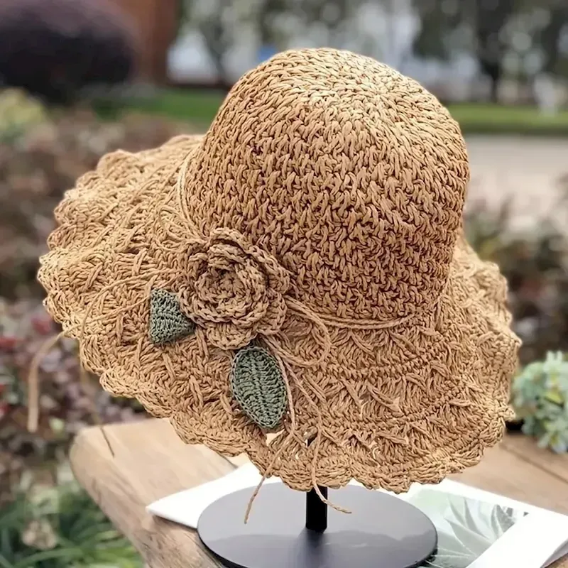 whfusd1709114446740.webp Women's Sun Hat Beige Crochet Flower Detail Wide Brim Beach Garden Party Elegant Accessory One Size Fits Most Spring Summer Apparel 2025 - Image 1