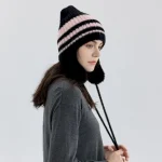 Wholesale Women Fashion Casual Color Matching Stripe Lace-Up Warm Ear Protection Knitted Wool Hat