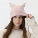 Wholesale Women Fashion Cute Autumn And Winter Solid Color Warm Knitted Cat Ear Hat