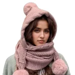 Wholesale Women Fashion Casual Autumn And Winter Solid Color Thickened Warm Knitted Scarf Integrated Hat - Image 5