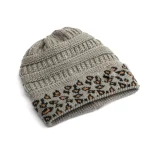 Wholesale Women Fashion Autumn And Winter Leopard Stitching Warm Knitted Hat - Image 4