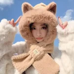 Wholesale Women Fashion Cute Plush Thickened Bear One-Piece Hat Scarf - Image 2
