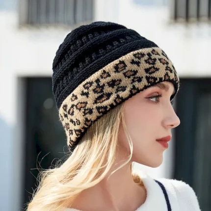 Wholesale Women Fashion Autumn And Winter Leopard Stitching Warm Knitted Hat
