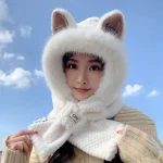 Wholesale Women Fashion Cute Plush Thickened Bear One-Piece Hat Scarf - Image 4