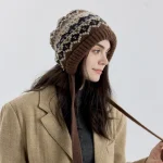 Wholesale Women Fashion Retro Autumn And Winter Color Block Knitted Strap Ear Protection Hat - Image 5