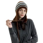 Wholesale Women Fashion Casual Color Matching Stripe Lace-Up Warm Ear Protection Knitted Wool Hat - Image 3