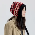 Wholesale Women Fashion Retro Autumn And Winter Color Block Knitted Strap Ear Protection Hat - Image 7