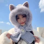 Wholesale Women Fashion Cute Plush Thickened Bear One-Piece Hat Scarf